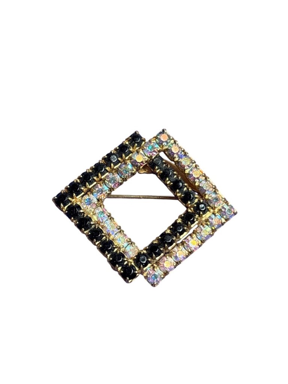 Vintage Interlocking Squares Brooch Goldtone Black AB Aurora Borealis Rhinestone